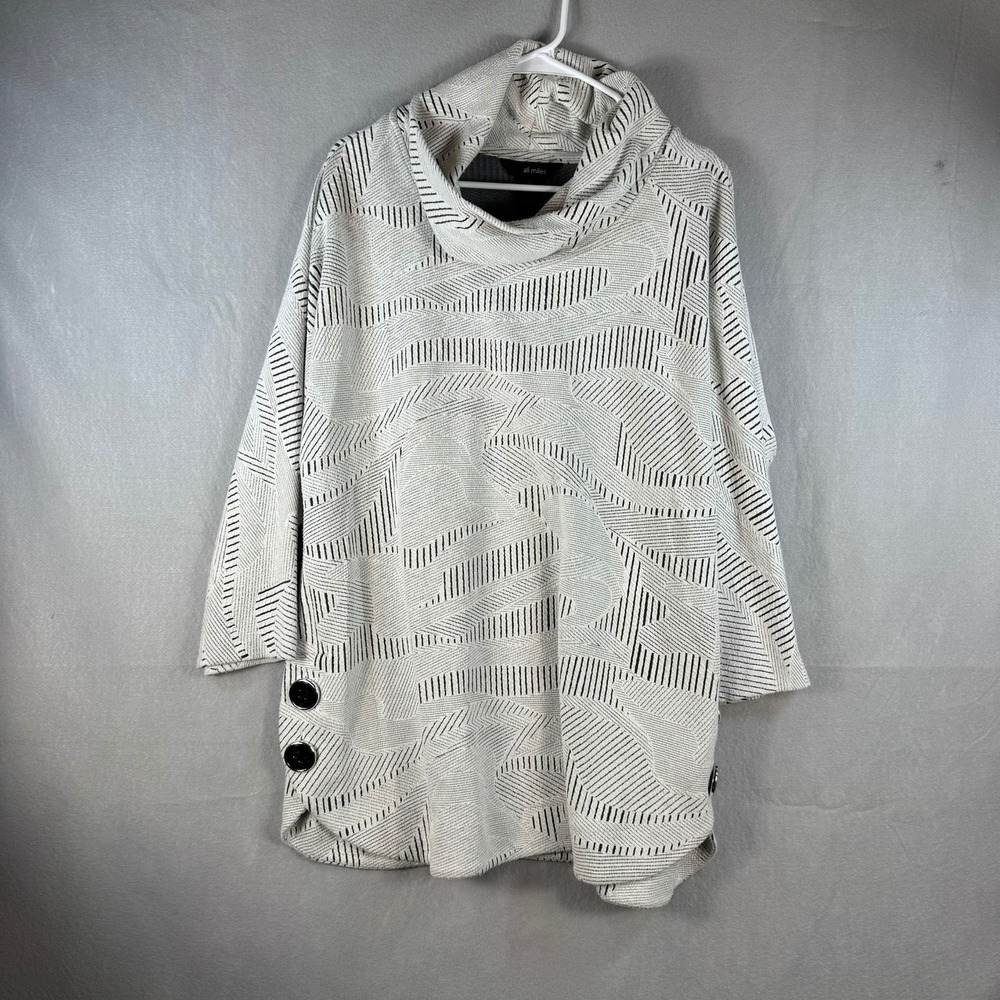 Ali Miles Womens Cowl Neck Tunic Top Black White Geometric Textured Knit Large